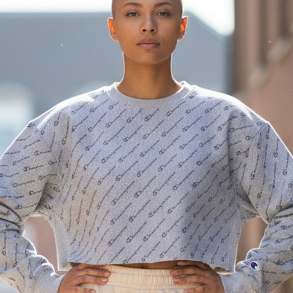 CHAMPION Reverse Weave Cotton Blend Gray Logo Crop Sweatshirt - Size X-Small